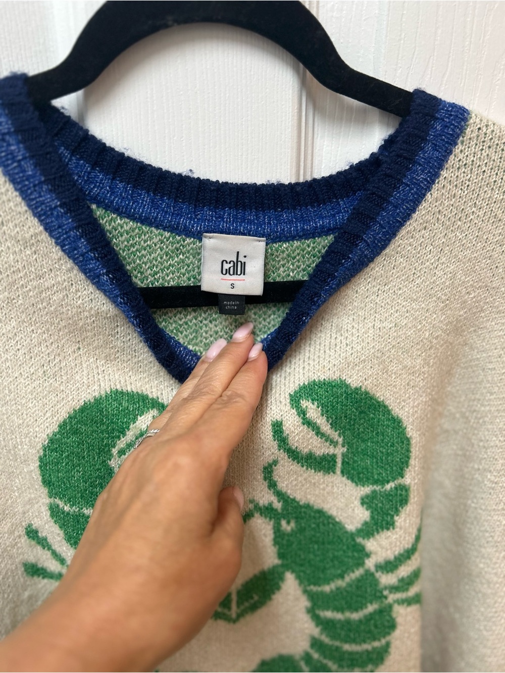 CAbi Sandy Shores Cream Sweater with Intarsia Green Lobster Motif and Blue Trim - Picture 4 of 5